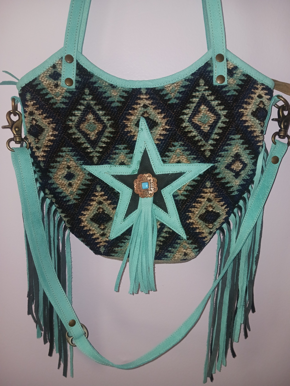 Ohlay by American Darling Turquoise Crossbody Bag with Upcycled Aztec Canvas - Picture 2 of 6
